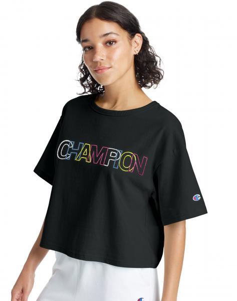 CHAMPION - Women - Heritage Embroidered Crop Tee - Black/Rainbow