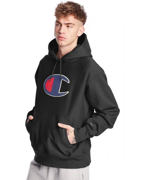 CHAMPION Men Reverse Weave Big Chenille Pullover Hoodie Black