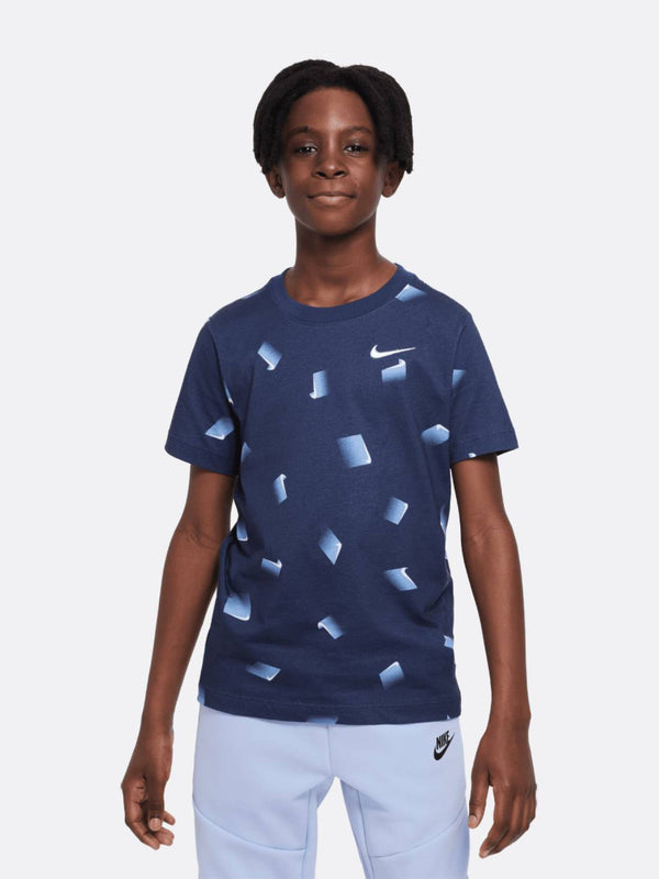 Nike - Boy - All Over Print Swoosh Tee - Midnight Navy/White