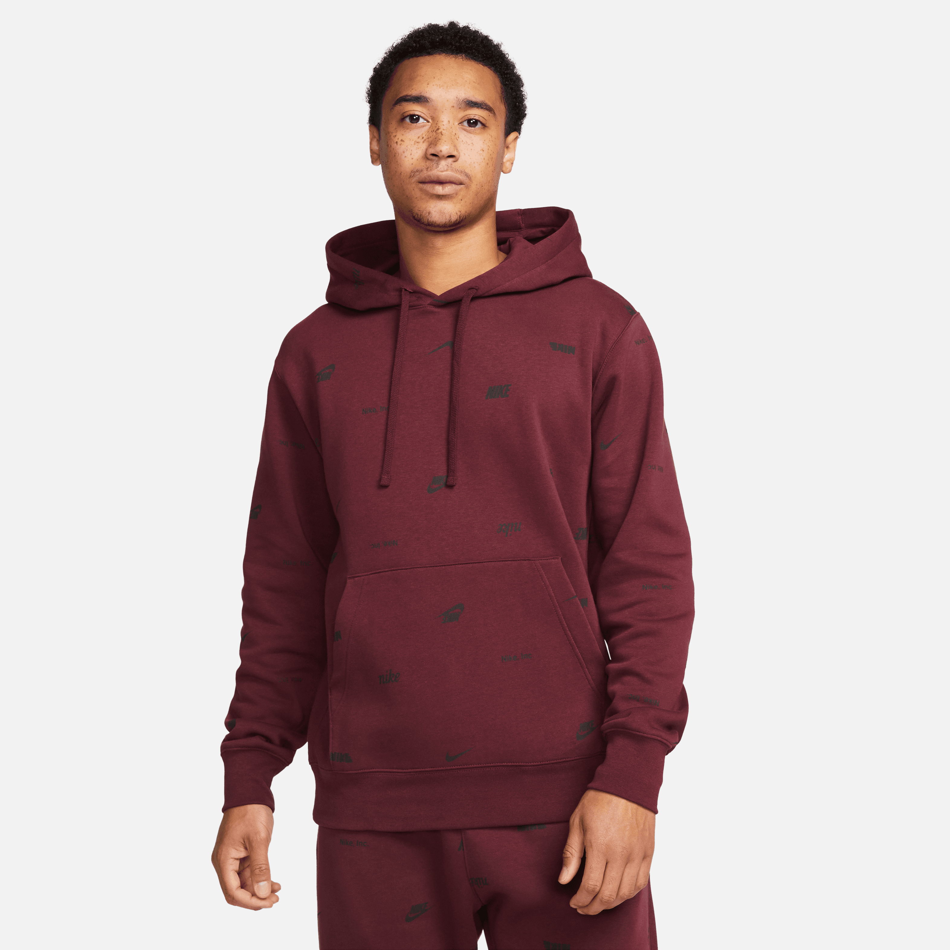 Nike Men Allover Print Logo Pullover Hoodie Night Maroon