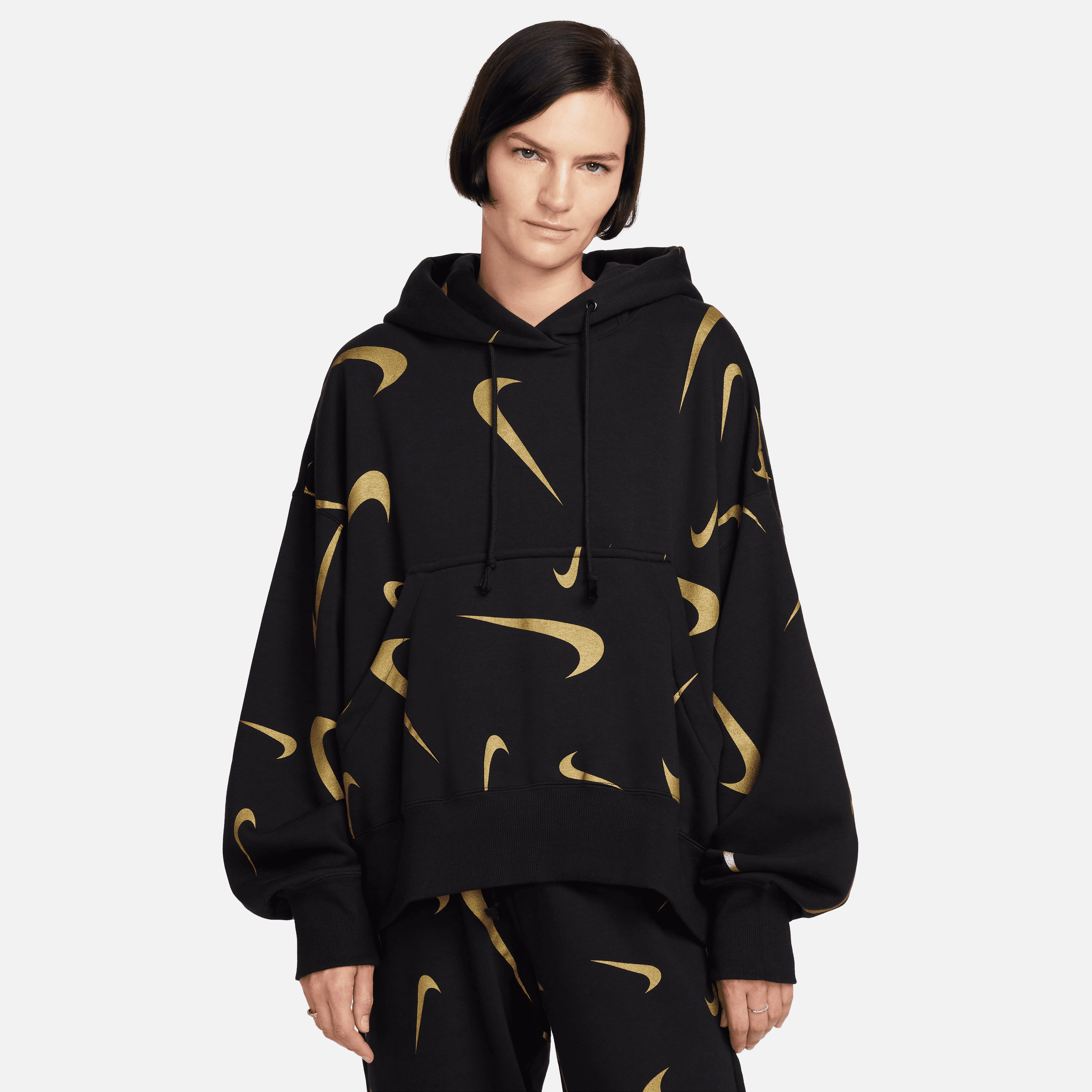 Nike Women Allover Print Logo Pullover Hoodie Black Bronzine