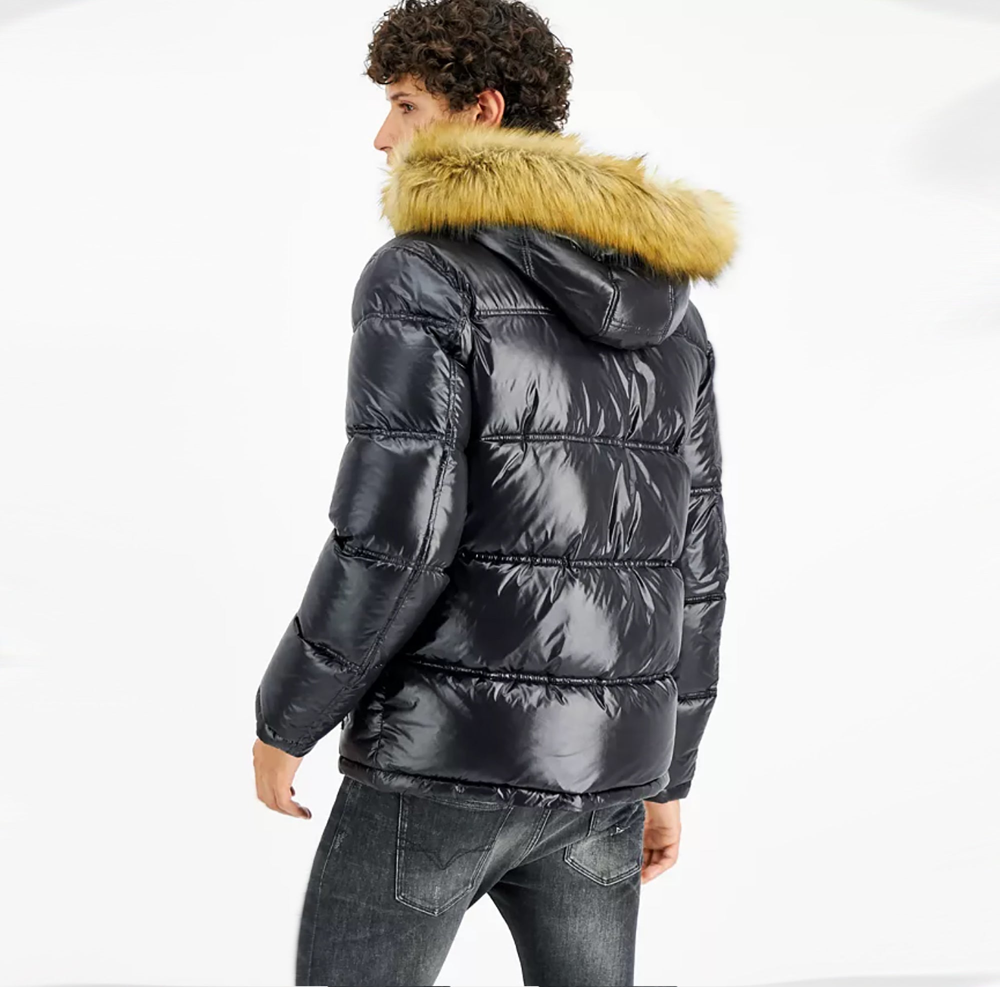 Black Shiny Puffer Jacket Mens with Hood