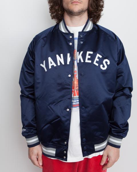 Men's Mitchell & Ness New York Yankees Sideline Pullover Navy Satin V-Neck  Jacket