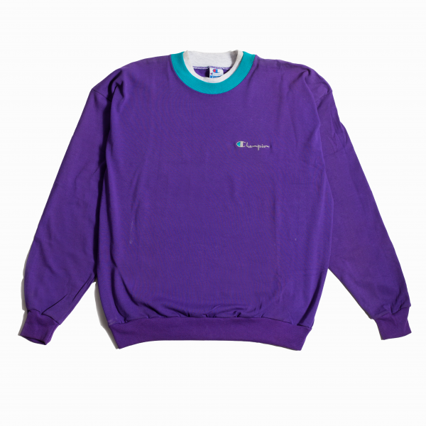 Vintage - Men - Champion Crewneck Sweatshirt Teal Purple Collar - Teal