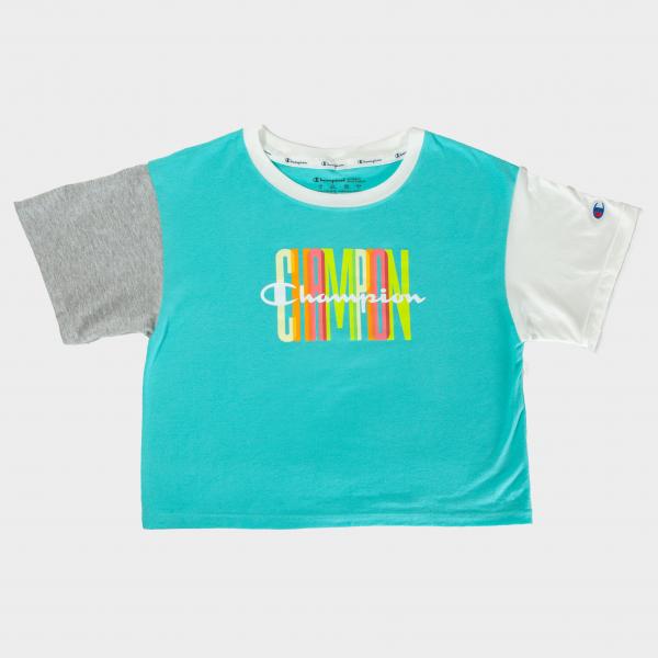 CHAMPION - Women - The Cropped Colorblocked Tee - Portal Teal/White